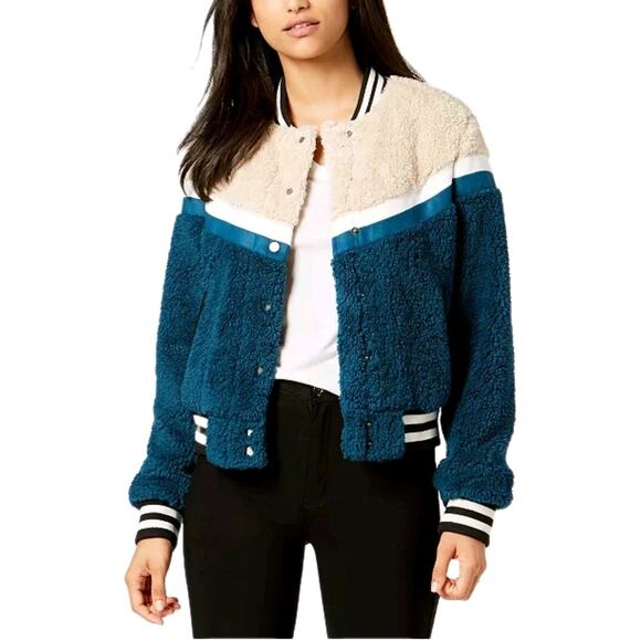 Celebrity Pink Jacket Faux Fur Varsity Bomber Teddy Coat Green Beige Women Sz L - Picture 11 of 16